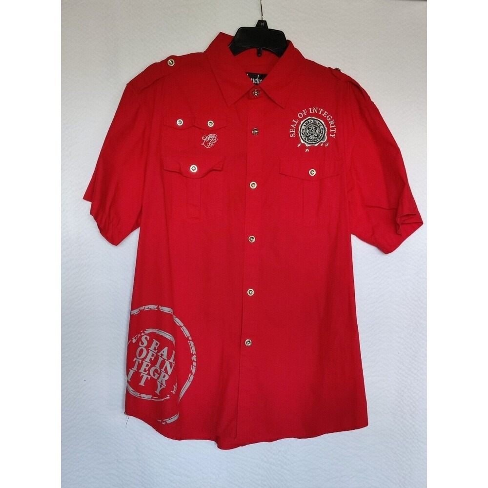 Ablanche‎ Mens Red Seal of Integrity Short Sleeve Button Up Shirt XL Cotton